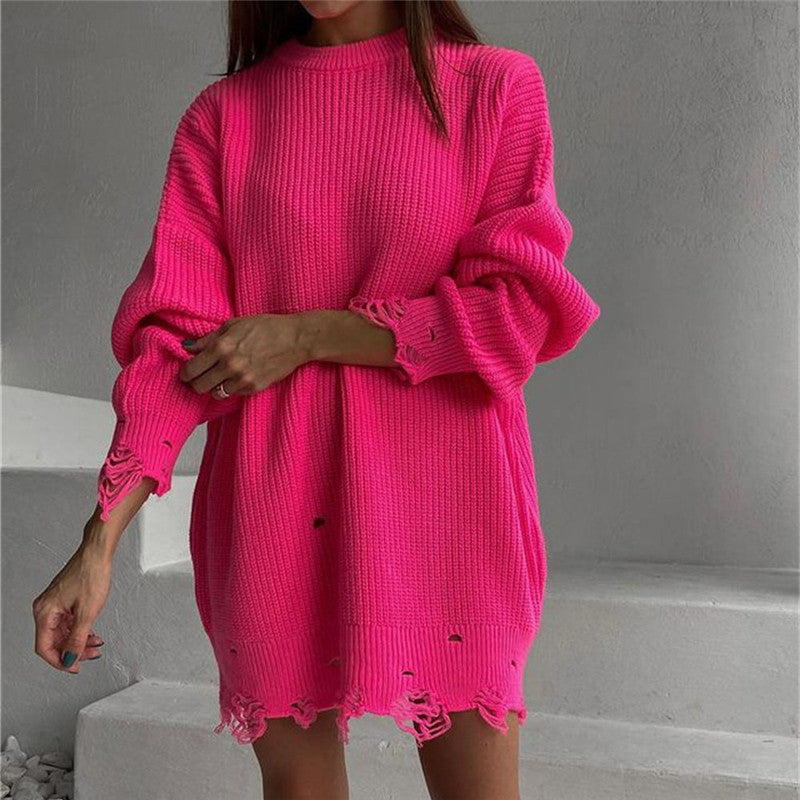 Valenzora Gerissenes Oversize-Strickkleid mit Rundhalsausschnitt