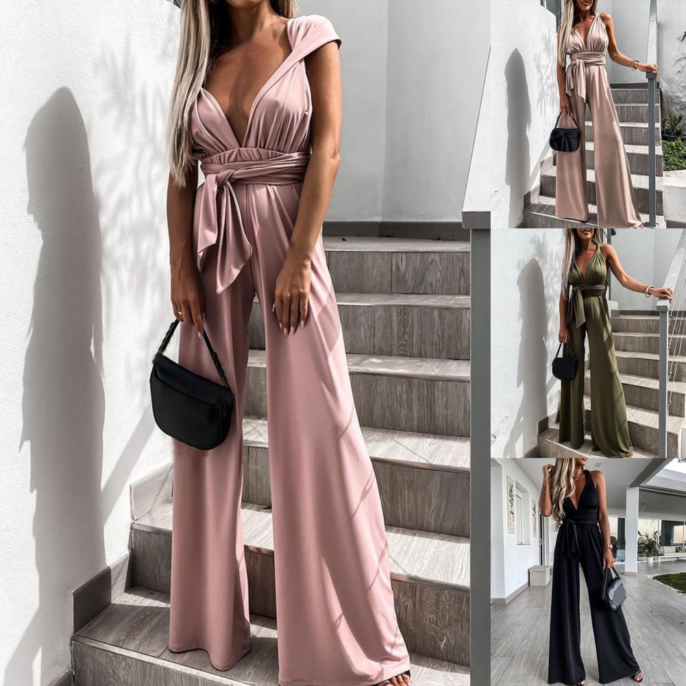 Valenzora | Elegant sleeveless jumpsuit with deep V-neck, waistband and wide leg