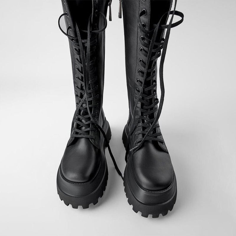 Valenzora | Women's High Boots Black with Lace-Up Track Sole