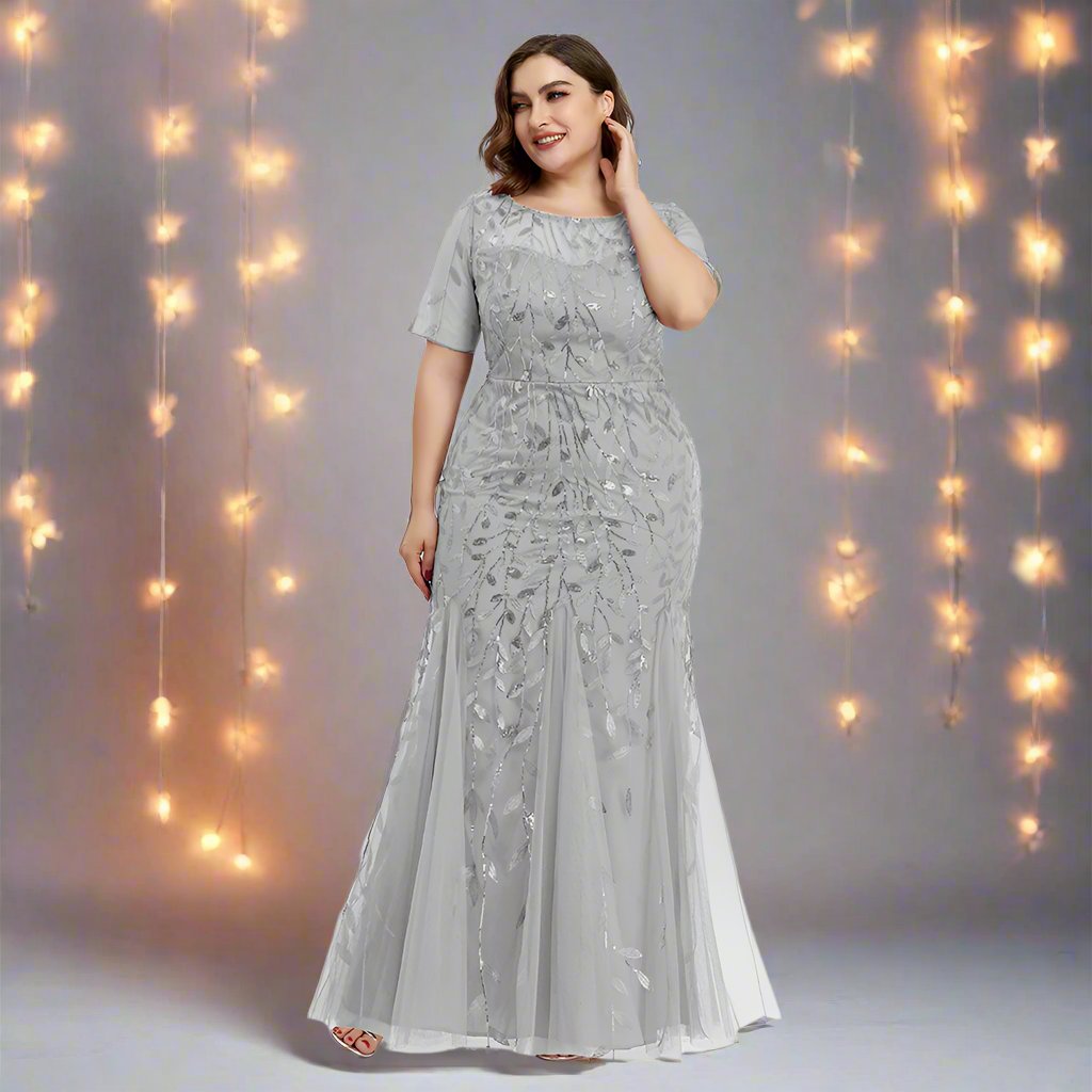 Valenzora | Women's Plus Size Evening Dress with Sequins and Mesh Embroidery in Mermaid Style