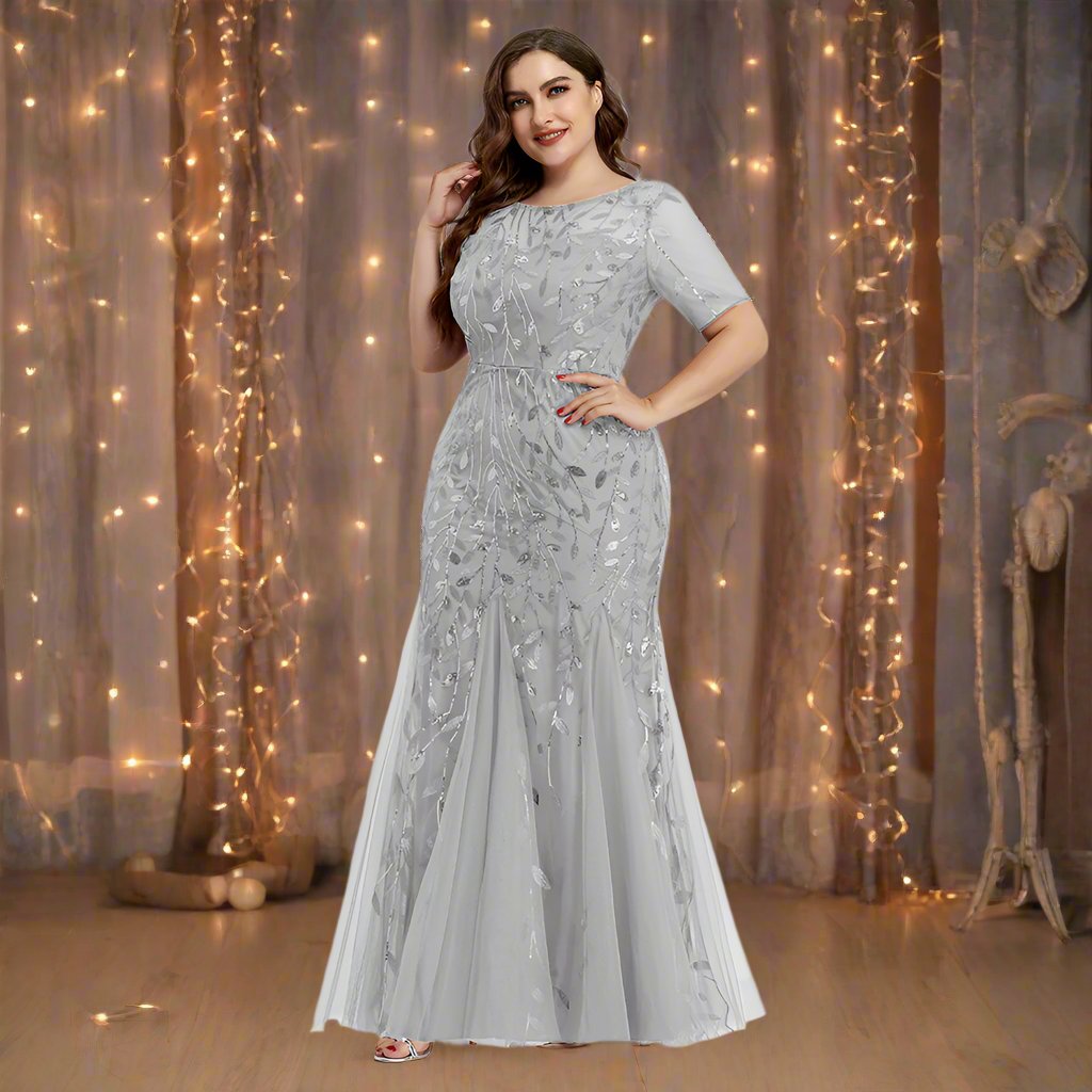 Valenzora | Women's Plus Size Evening Dress with Sequins and Mesh Embroidery in Mermaid Style