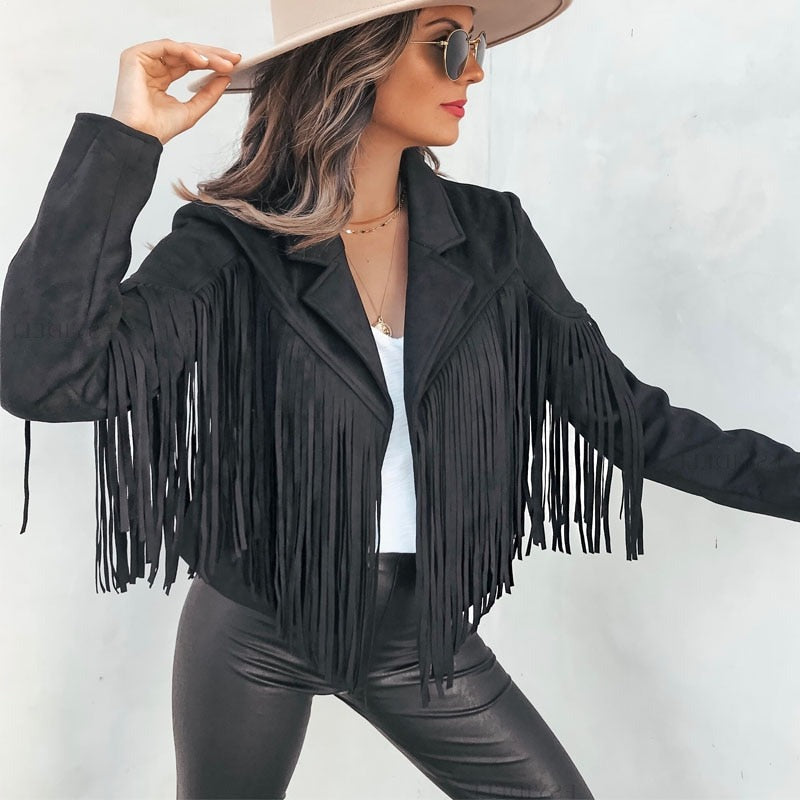 Valenzora | moka leather motorcycle jacket with cowboy fringe