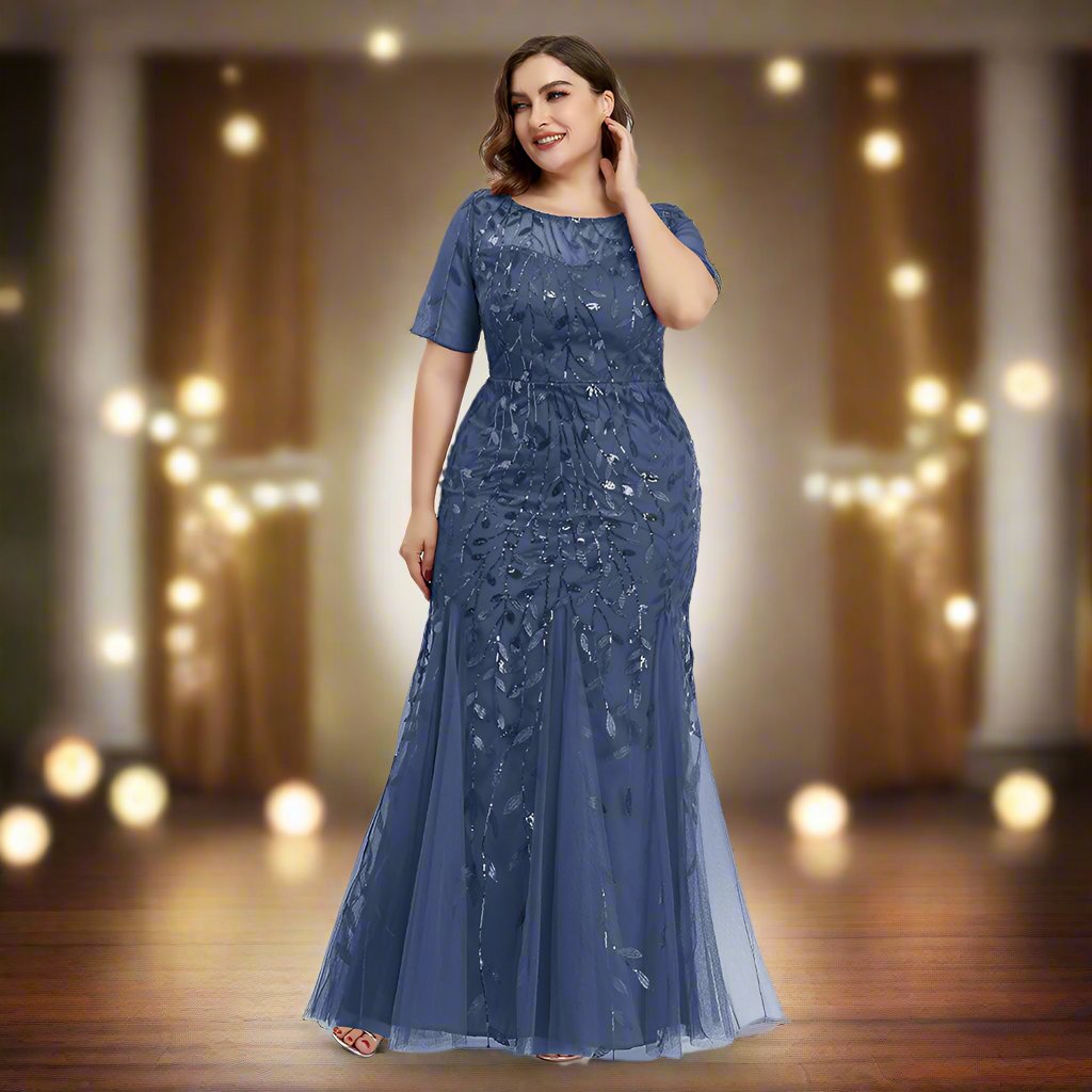 Valenzora | Women's Plus Size Evening Dress with Sequins and Mesh Embroidery in Mermaid Style