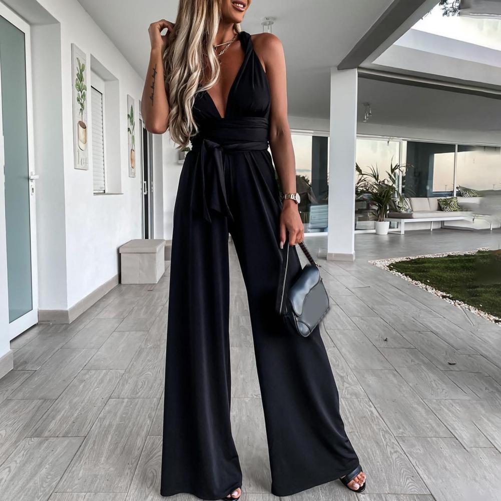 Valenzora | Elegant sleeveless jumpsuit with deep V-neck, waistband and wide leg