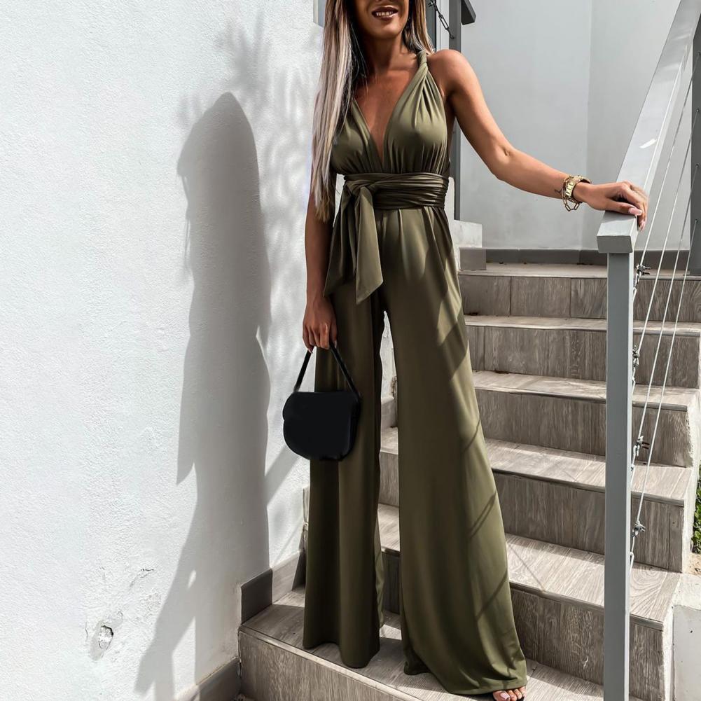 Valenzora | Elegant sleeveless jumpsuit with deep V-neck, waistband and wide leg