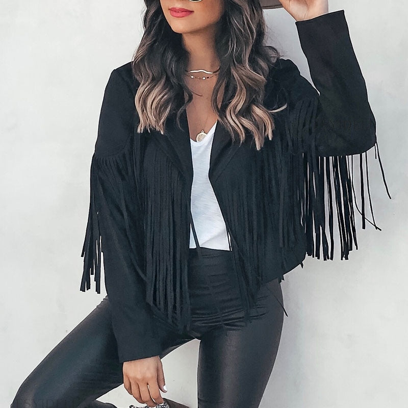 Valenzora | moka leather motorcycle jacket with cowboy fringe