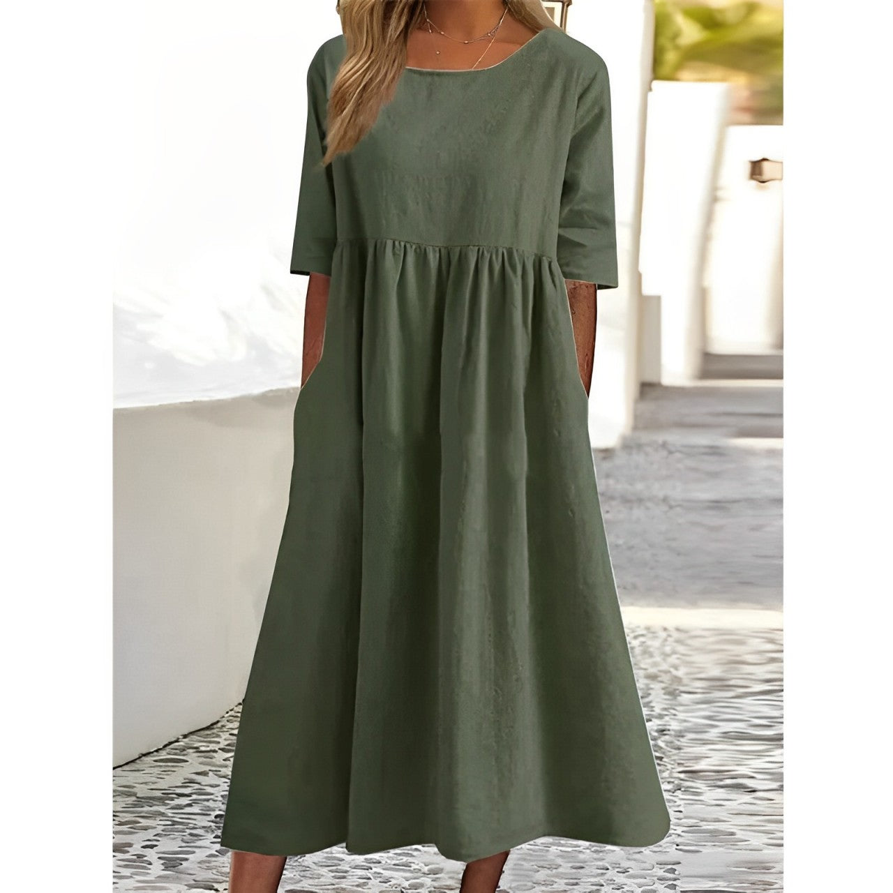 Valenzora | Atmungsaktives Vintage-Midi-Kleid aus Baumwoll-Leinen mit Falten-Design