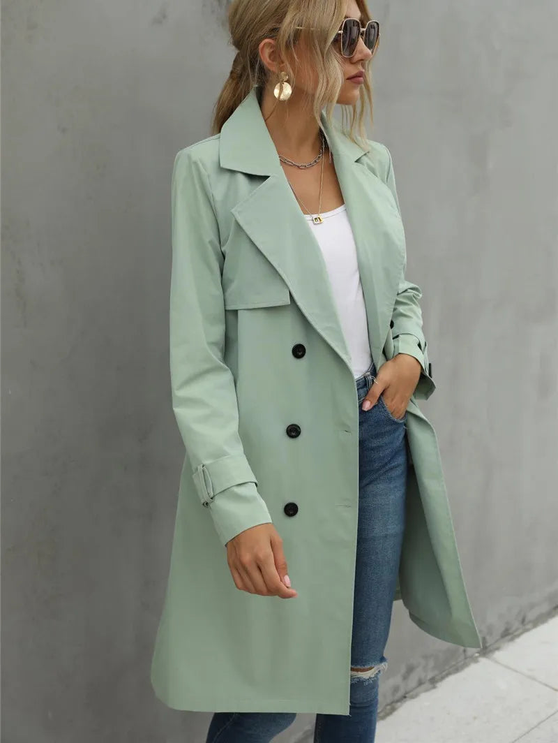 Valenzora | Women's Casual Trench Coat with Double Button Placket and Notched Lapel Collar