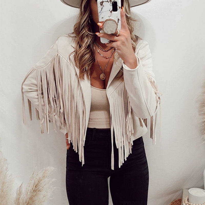 Valenzora Suede Jacket with Fringes | Women's Tassel Cardigan for Trendy Outfits