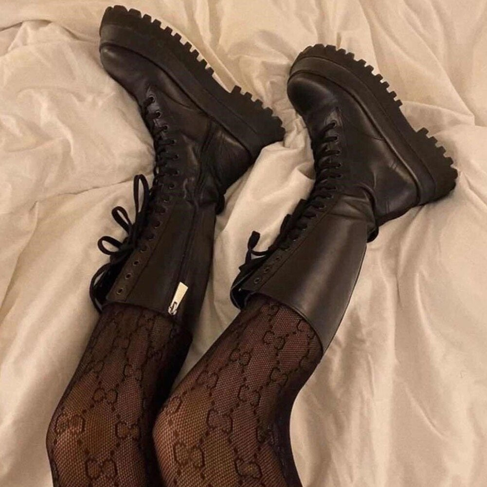 Valenzora | Women's High Boots Black with Lace-Up Track Sole