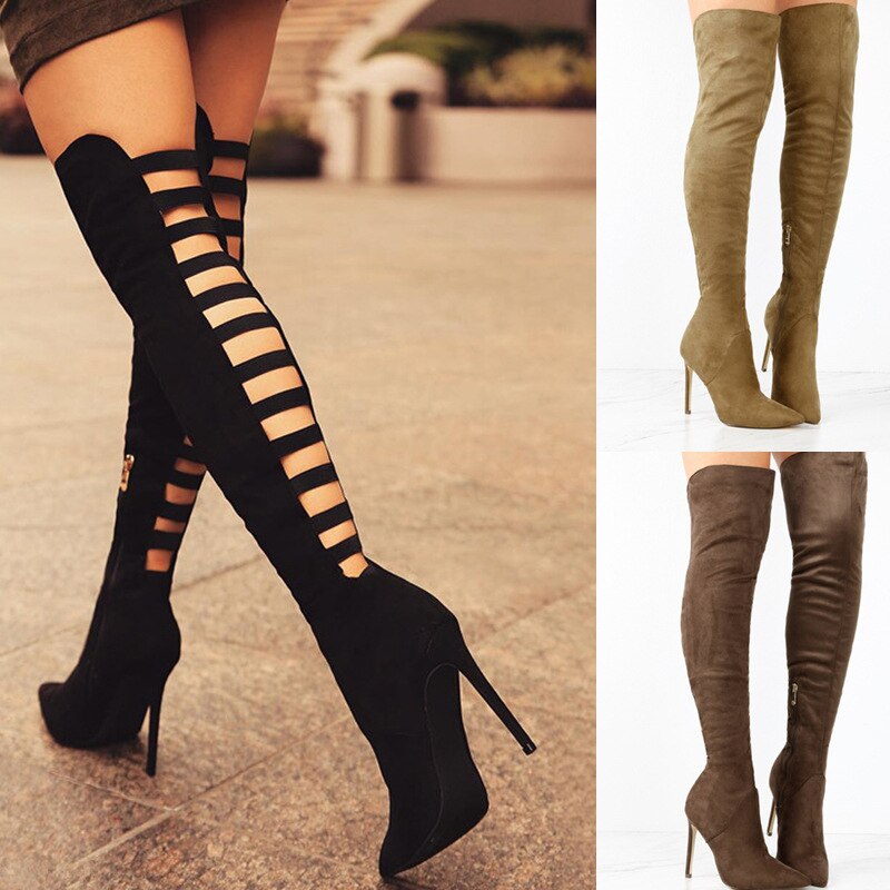 Valenzora | Stylish over-the-knee boots with cutouts and stiletto heels