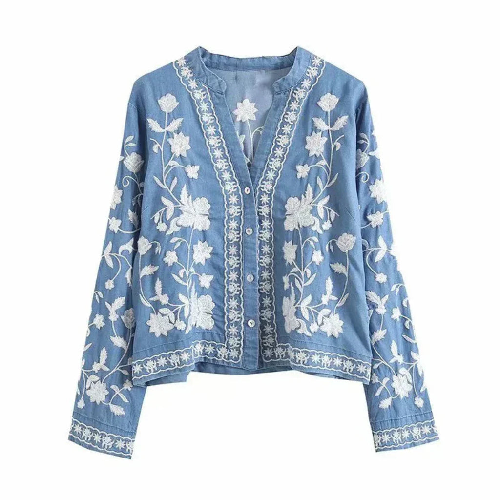 Valenzora | Denim jacket with embroidered floral pattern, button closure, relaxed fit