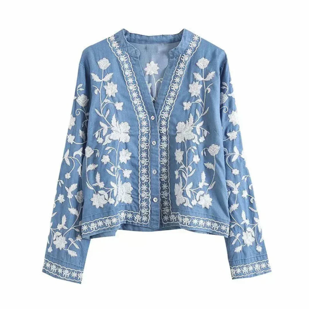 Valenzora | Denim jacket with embroidered floral pattern, button closure, relaxed fit