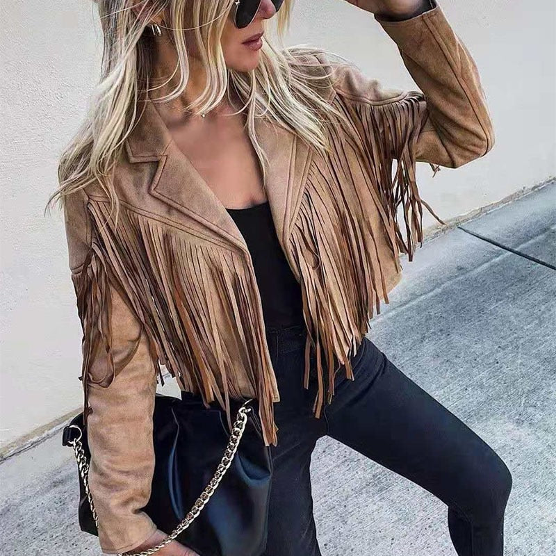 Valenzora | moka leather motorcycle jacket with cowboy fringe