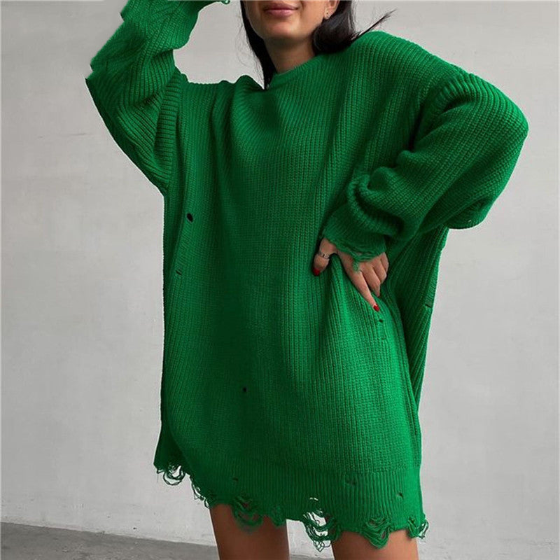 Valenzora Gerissenes Oversize-Strickkleid mit Rundhalsausschnitt