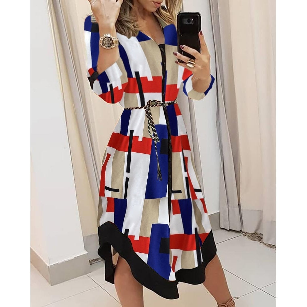 Valenzora Wave Print Long Sleeve Dress