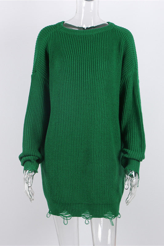 Valenzora Gerissenes Oversize-Strickkleid mit Rundhalsausschnitt