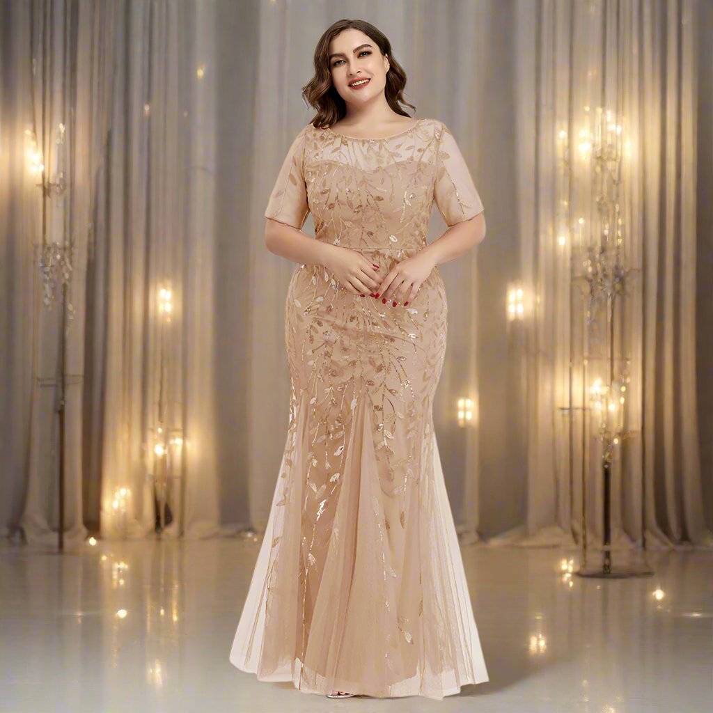 Valenzora | Women's Plus Size Evening Dress with Sequins and Mesh Embroidery in Mermaid Style