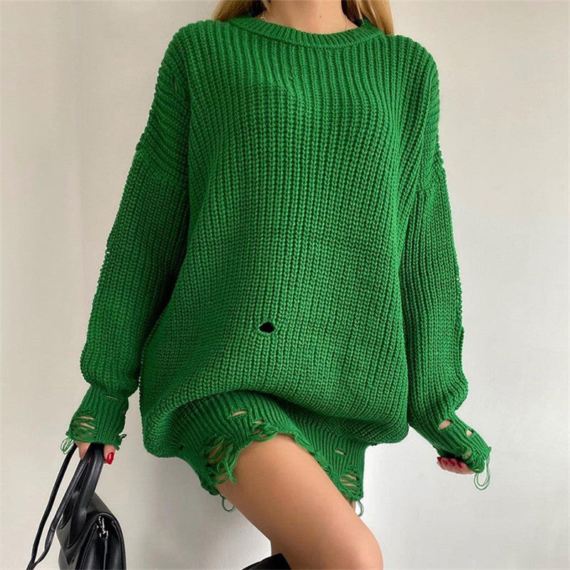 Valenzora Gerissenes Oversize-Strickkleid mit Rundhalsausschnitt