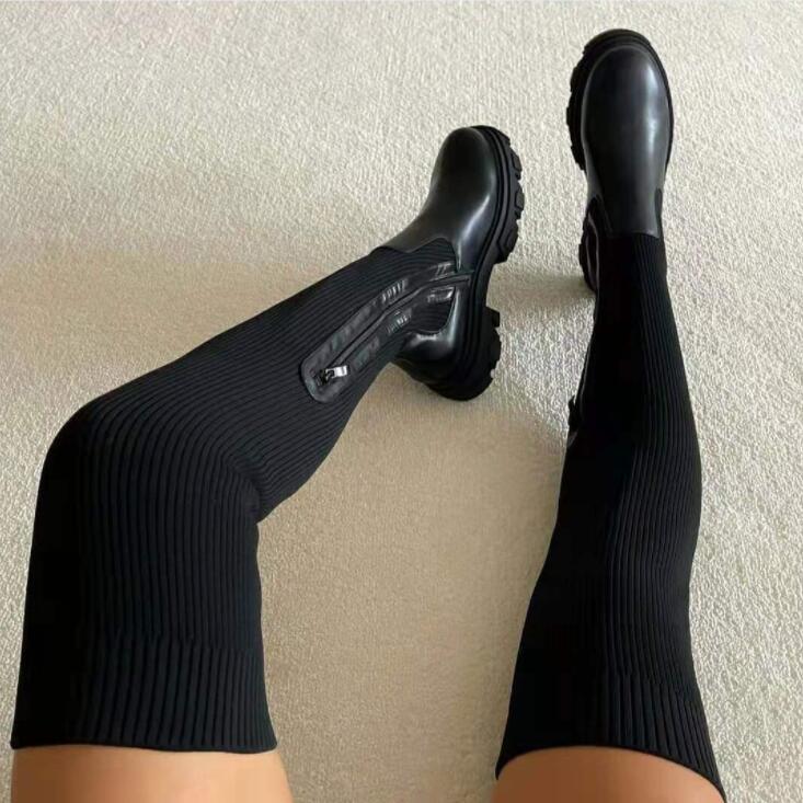Valenzora Damen Overknee-Stiefel | Gestrickte Damenstiefel: Plateau-Design, lange Sockenstiefel