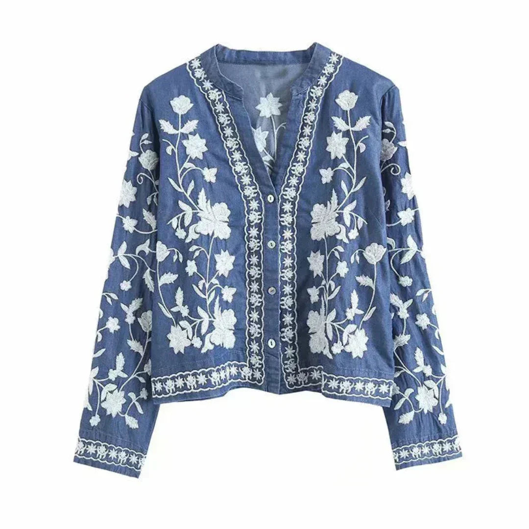 Valenzora | Denim jacket with embroidered floral pattern, button closure, relaxed fit