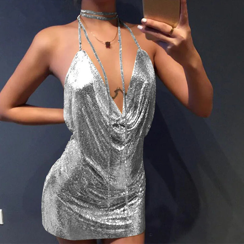 Valenzora | Diamond Halter Backless Split Metallic Mini Dress