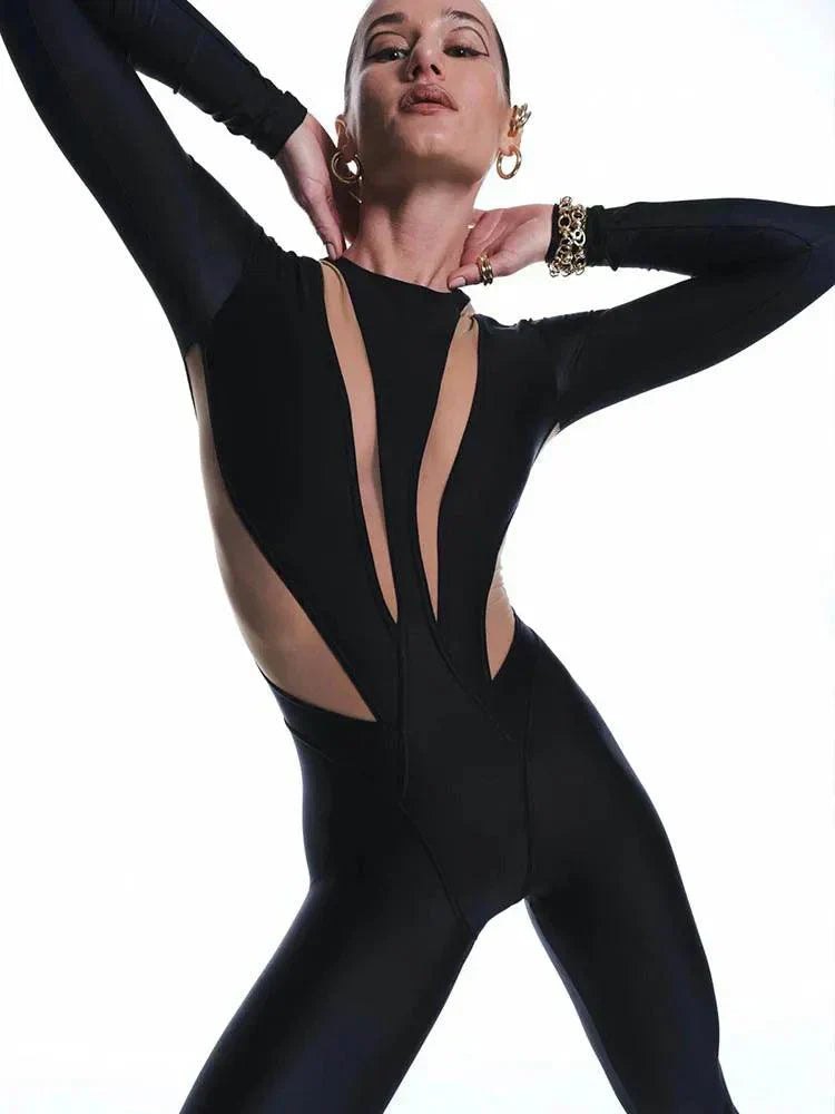 Valenzora | Long sleeve mesh patchwork jumpsuit round neck, slim fit