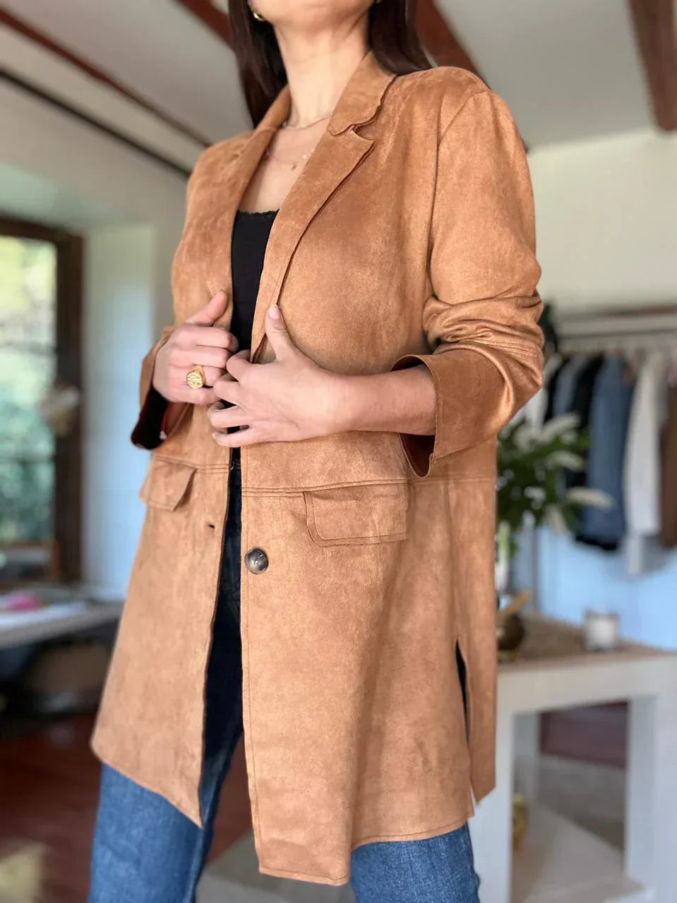 Valenzora | Suede blazer for women - tailored camel-colored jacket with buttons and pockets