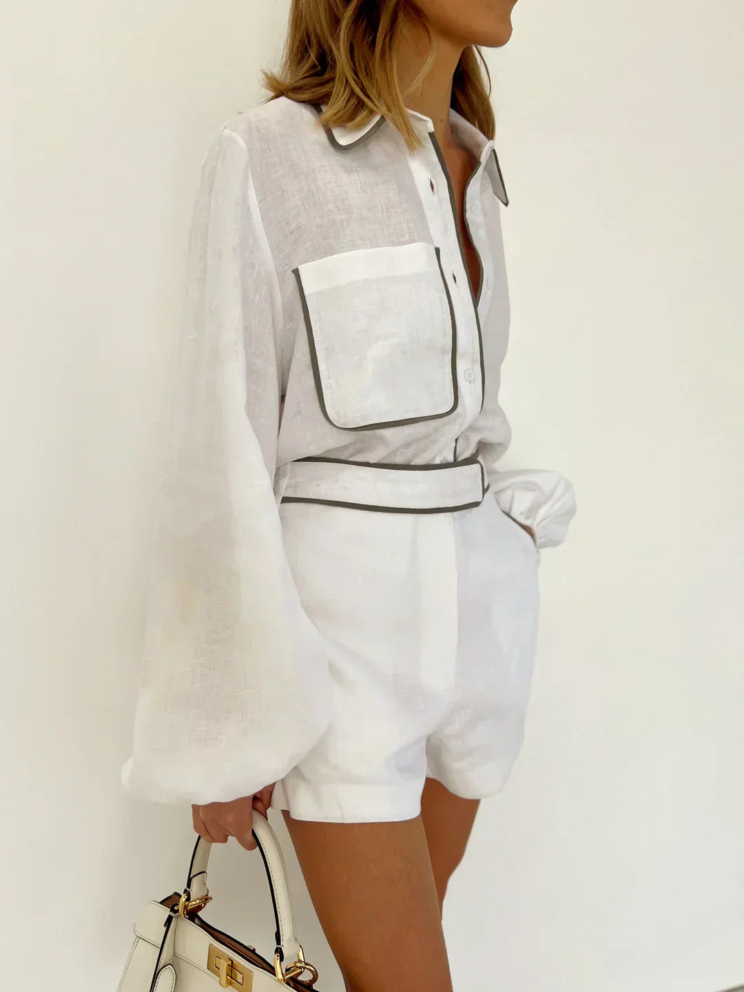 Valenzora | Linen Contrast Trim Two-Piece Shorts Set