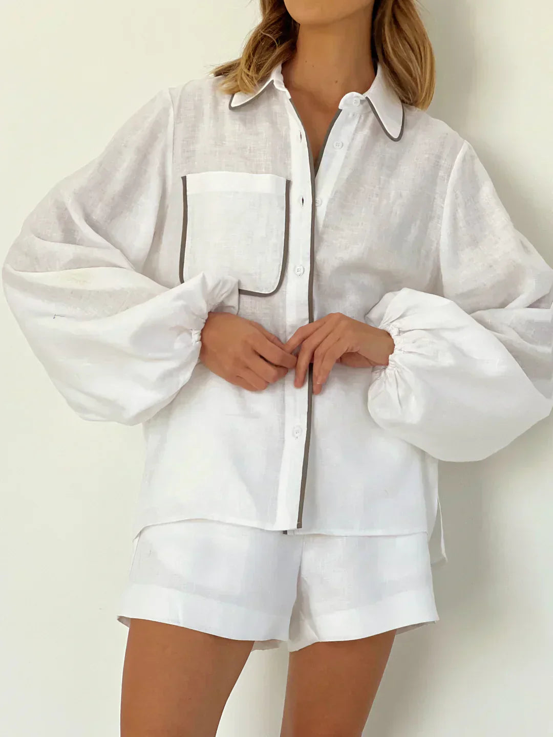 Valenzora | Linen Contrast Trim Two-Piece Shorts Set