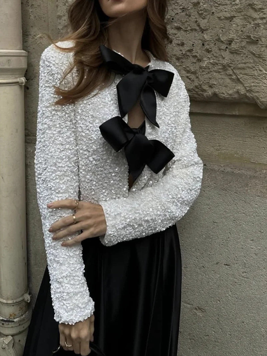 Valenzora - Women's Sequin Top with Bow Tie Details for Party Glam