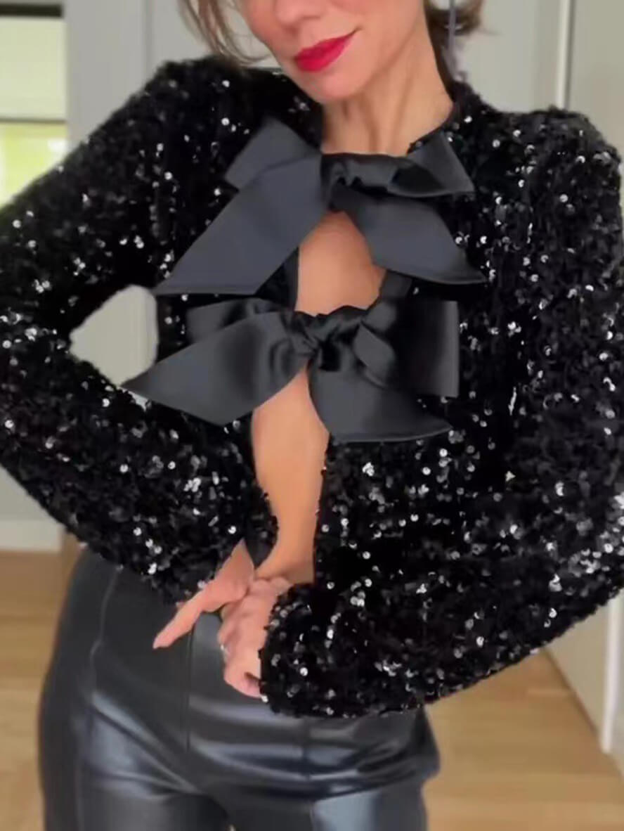 Valenzora - Women's Sequin Top with Bow Tie Details for Party Glam