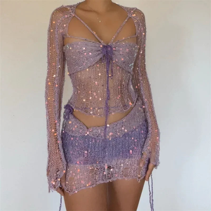 Valenzora Zweiteiliges langärmliges Pailletten-Stricktop mit Ausschnitt und Bodycon-Rock