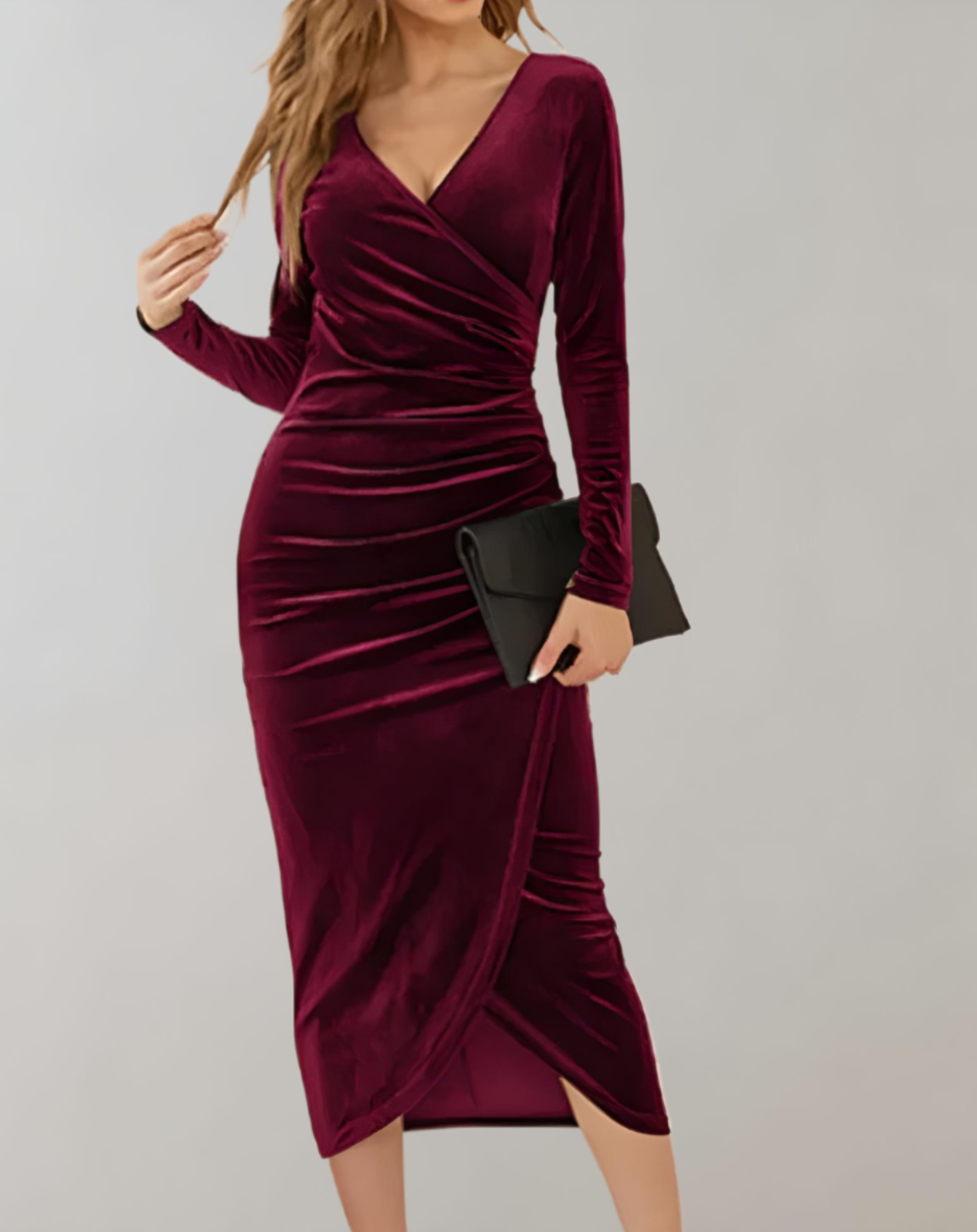 Valenzora | Velvet wrap dress with long sleeves and ruffles
