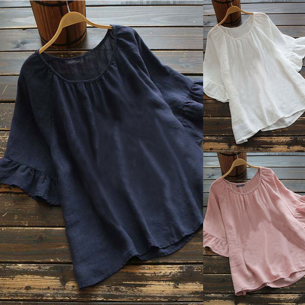 Valenzora | Solid color, ruffled sleeves for summer, made of cotton and linen for women