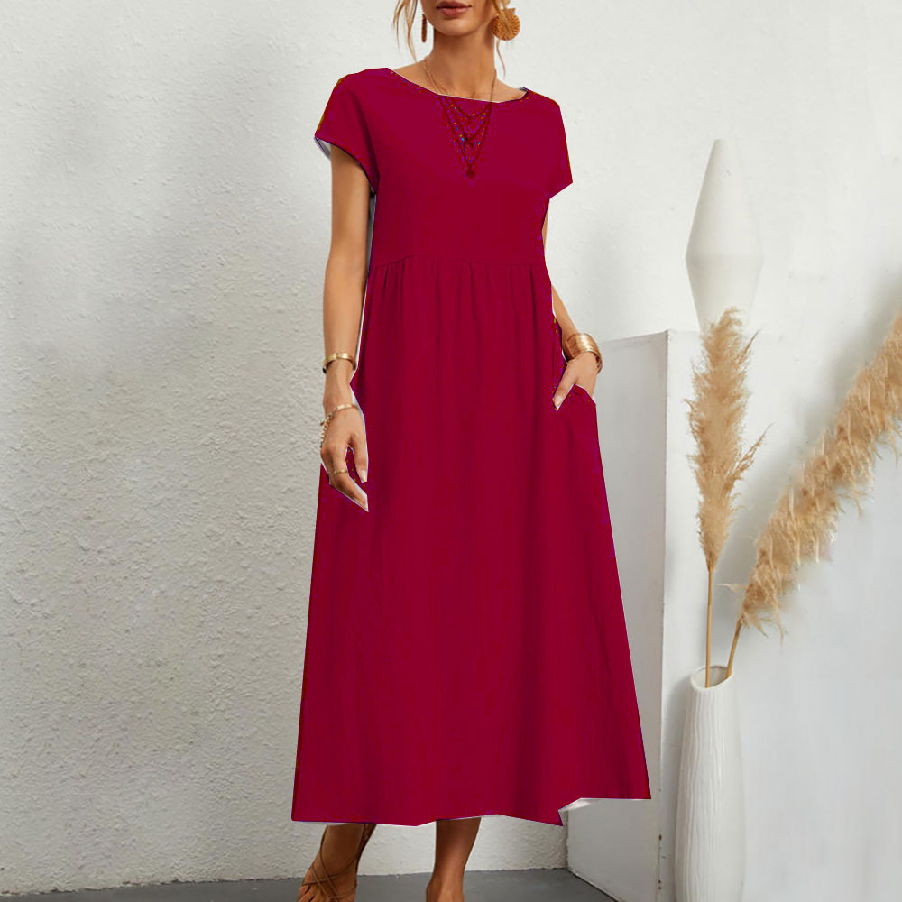 Valenzora | Loose round-neck summer midi dress made of cotton and linen