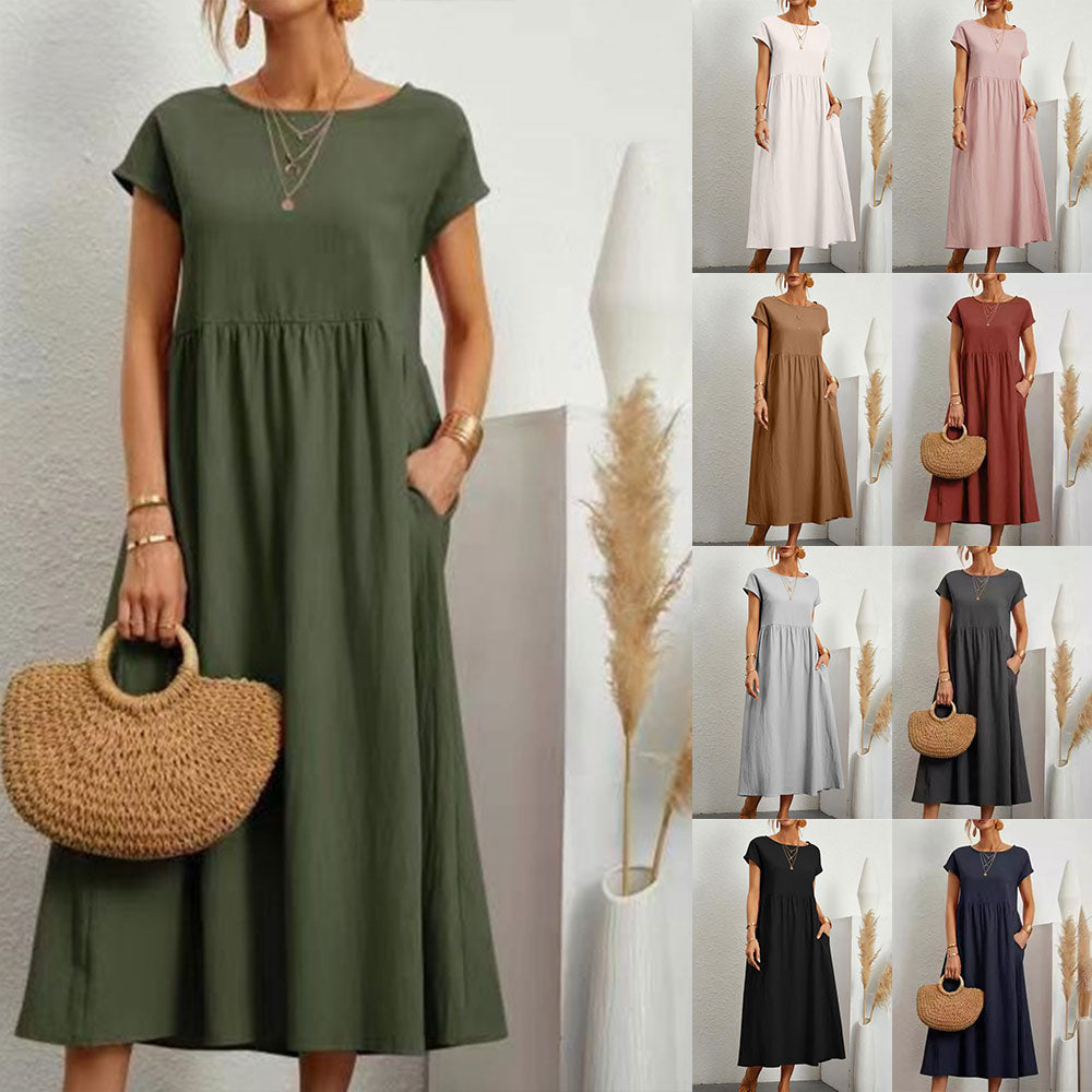 Valenzora | Loose round-neck summer midi dress made of cotton and linen