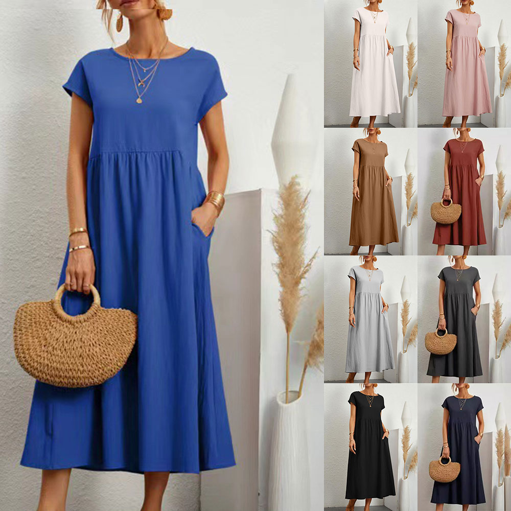 Valenzora | Loose round-neck summer midi dress made of cotton and linen