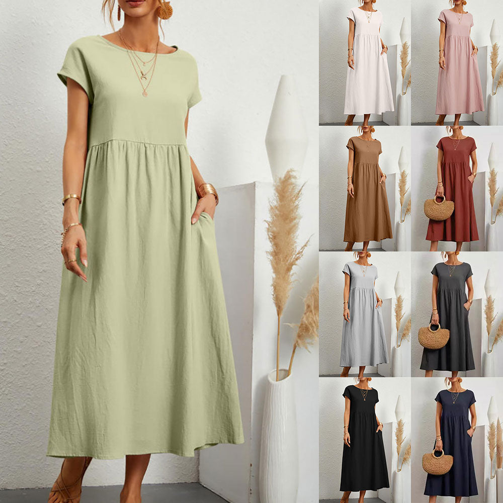 Valenzora | Loose round-neck summer midi dress made of cotton and linen