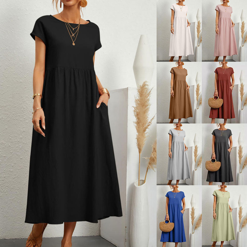 Valenzora | Loose round-neck summer midi dress made of cotton and linen