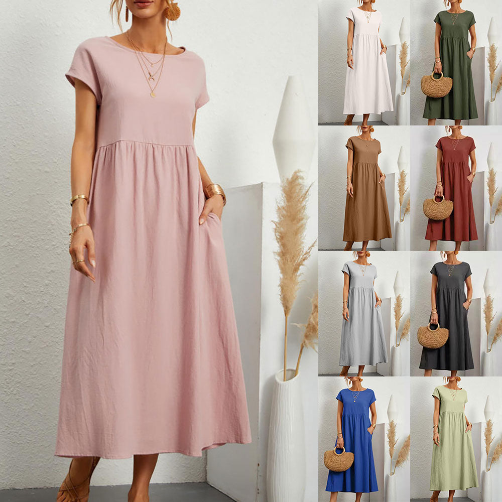 Valenzora | Loose round-neck summer midi dress made of cotton and linen