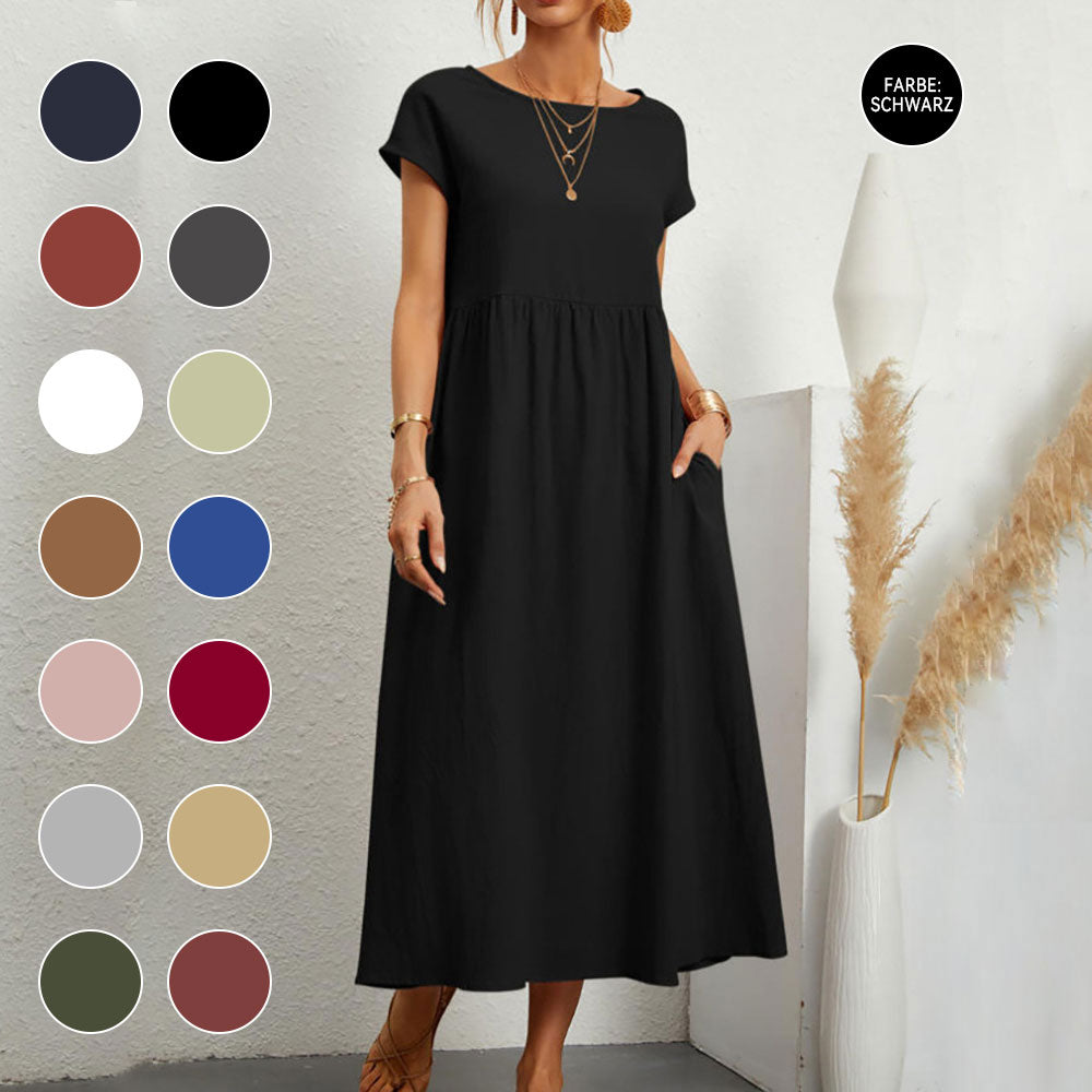 Valenzora | Loose round-neck summer midi dress made of cotton and linen