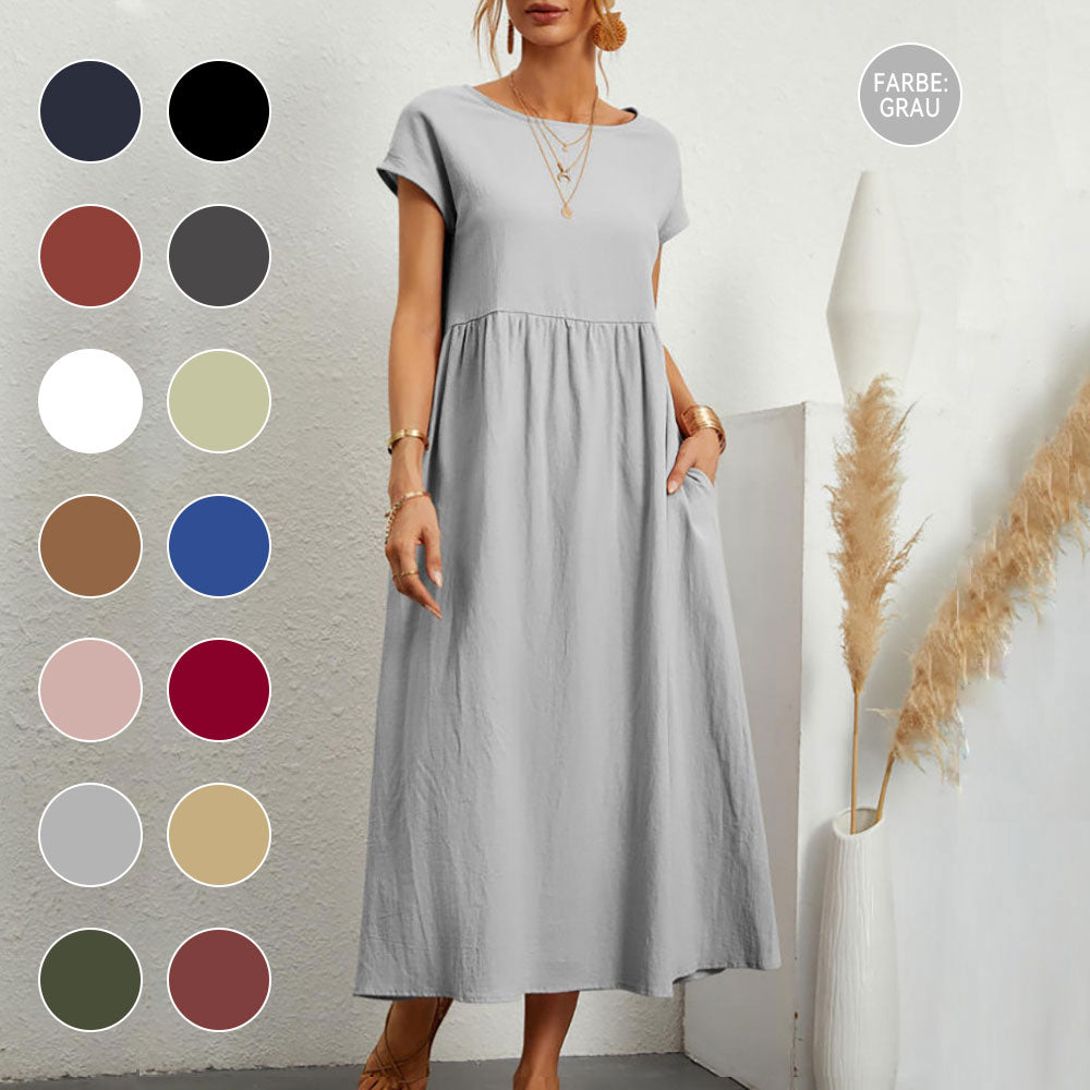 Valenzora | Loose round-neck summer midi dress made of cotton and linen
