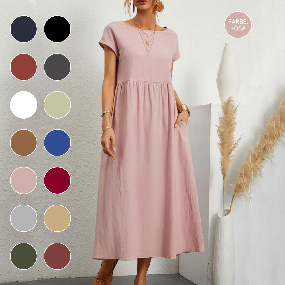 Valenzora | Loose round-neck summer midi dress made of cotton and linen