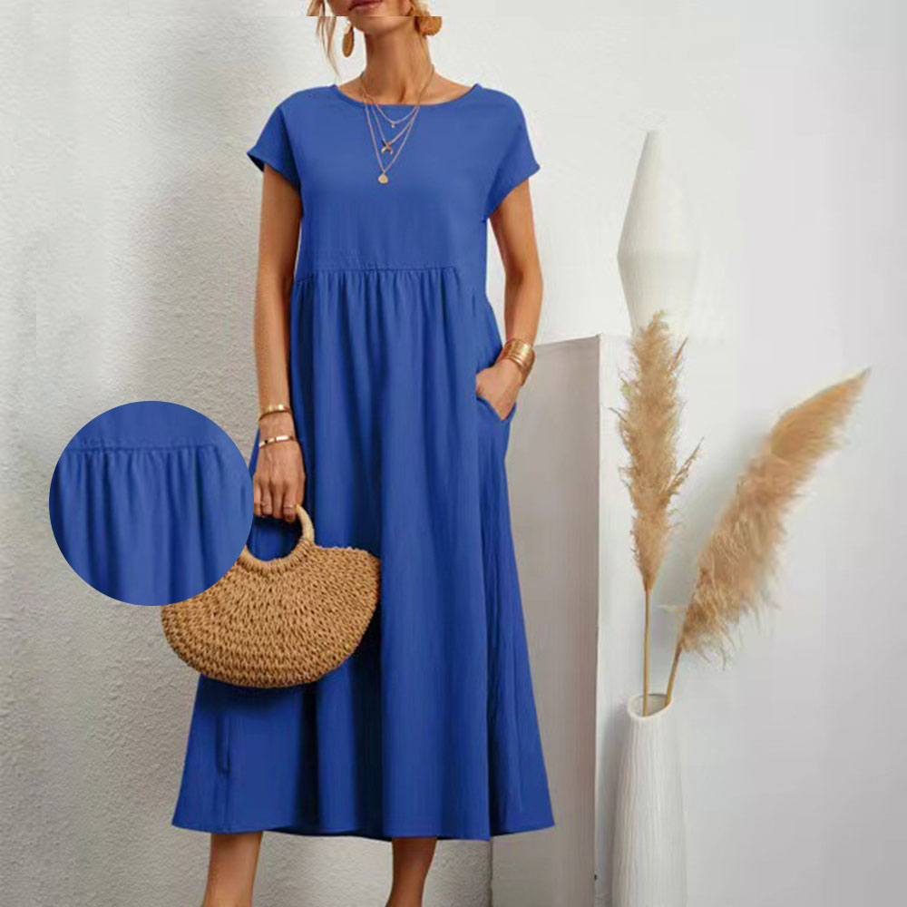 Valenzora | Loose round-neck summer midi dress made of cotton and linen