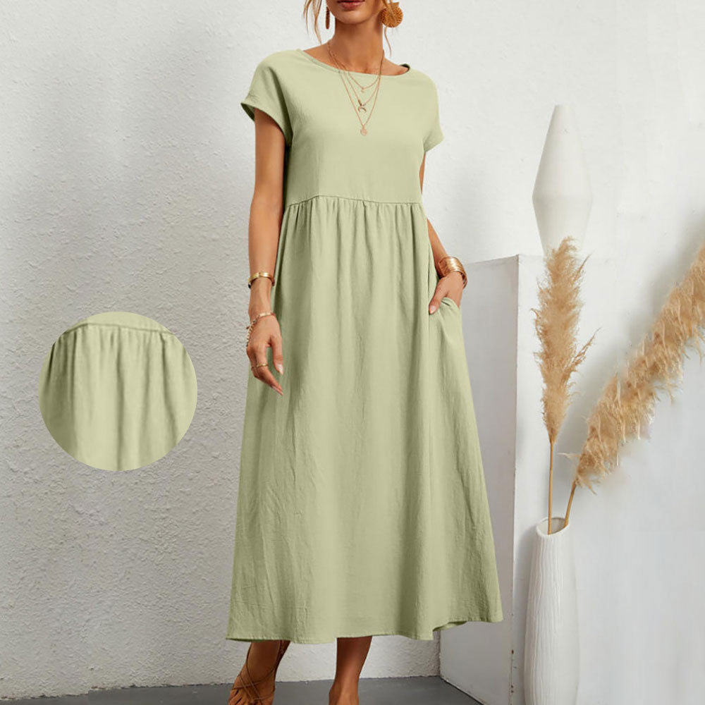 Valenzora | Loose round-neck summer midi dress made of cotton and linen