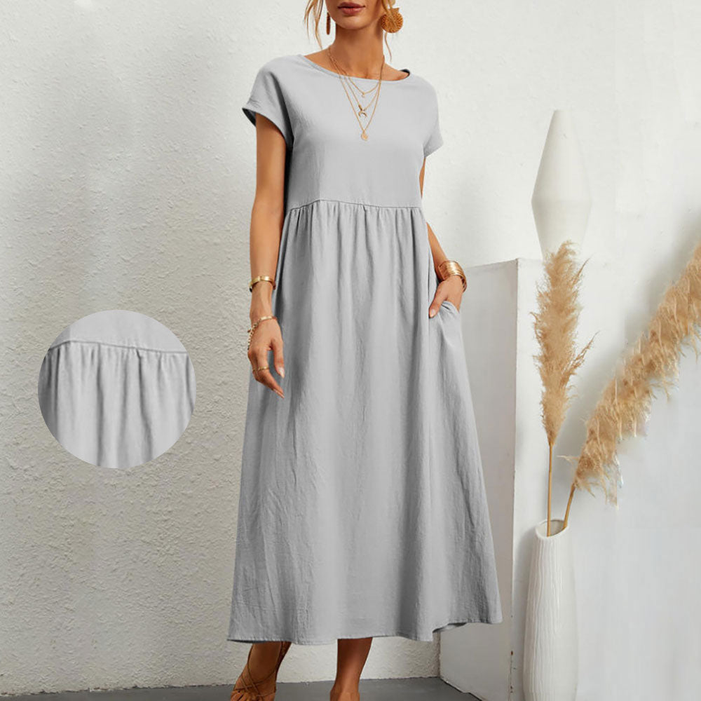Valenzora | Loose round-neck summer midi dress made of cotton and linen