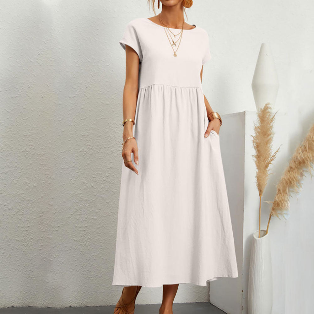 Valenzora | Loose round-neck summer midi dress made of cotton and linen