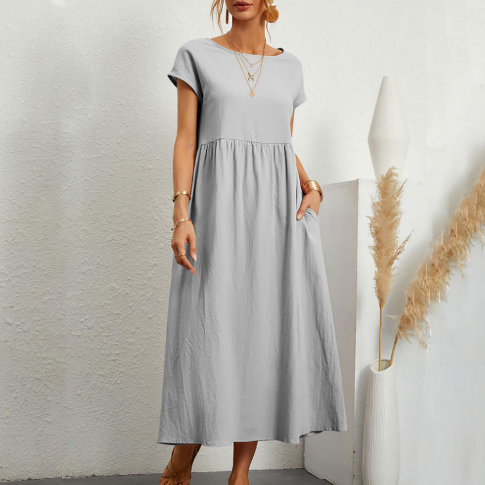 Valenzora | Loose round-neck summer midi dress made of cotton and linen