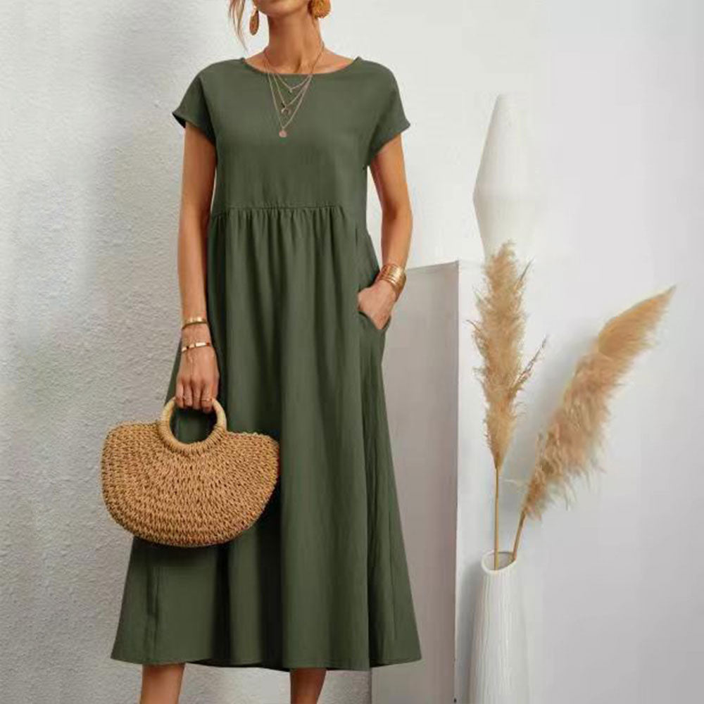 Valenzora | Loose round-neck summer midi dress made of cotton and linen